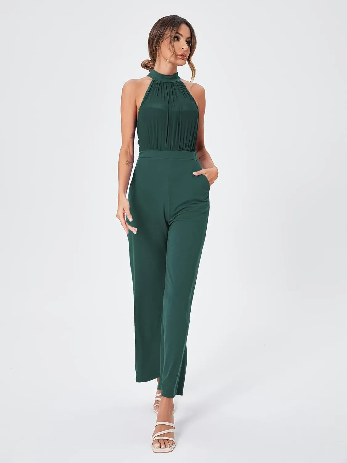 SweatyRocks Women's Elegant Sleeveless Halter High Waist Flare Leg Pants Romper Jumpsuit
