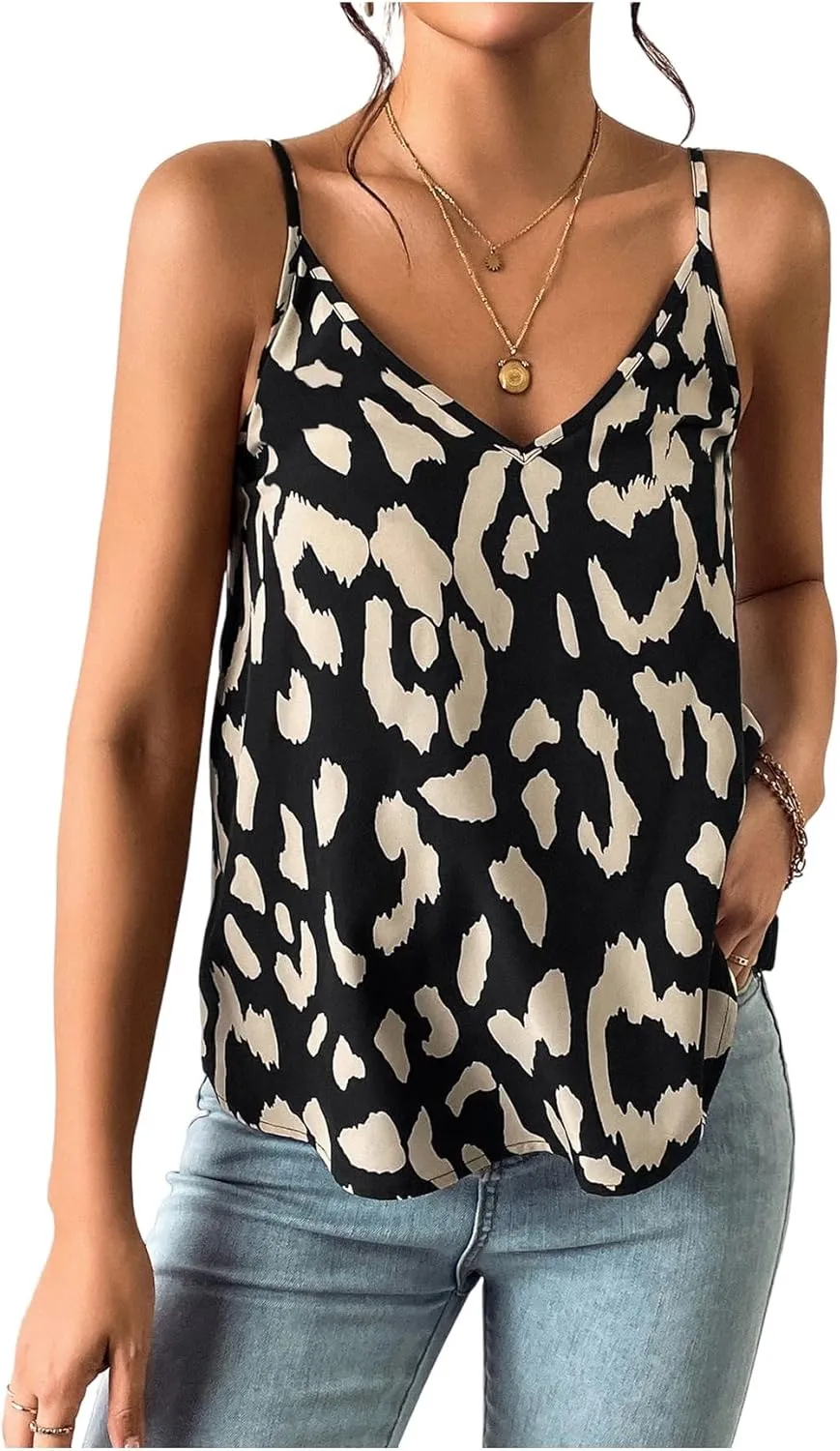 SweatyRocks Women's V Neck Sleeveless Spaghetti Straps Camisole Leopard Print Summer Casual Tank Top
