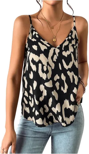 SweatyRocks Women's V Neck Sleeveless Spaghetti Straps Camisole Leopard Print Summer Casual Tank Top