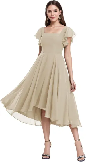 Tea Length Chiffon Bridesmaid Dress Sqaure Neck Formal Party Dresses with Short Sleeve