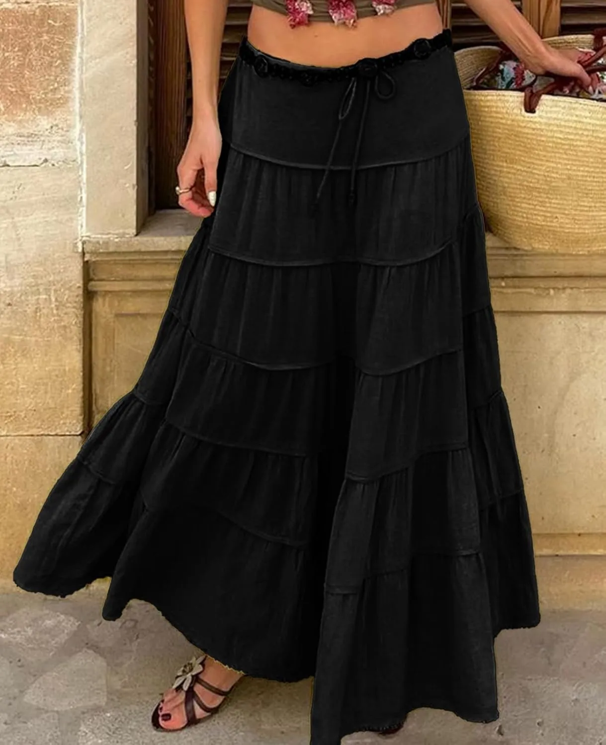 ThCreasa Womens Casual Tiered Maxi Skirt Elastic Waist Solid A Line Pleated Summer Flowy Long Skirts
