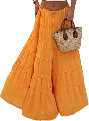 ThCreasa Womens Casual Tiered Maxi Skirt Elastic Waist Solid A Line Pleated Summer Flowy Long Skirts