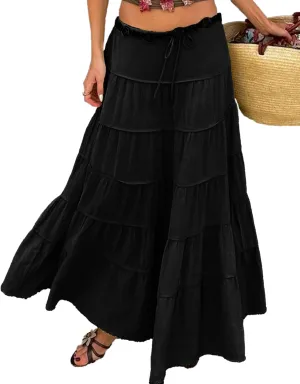 ThCreasa Womens Casual Tiered Maxi Skirt Elastic Waist Solid A Line Pleated Summer Flowy Long Skirts