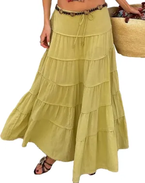 ThCreasa Womens Casual Tiered Maxi Skirt Elastic Waist Solid A Line Pleated Summer Flowy Long Skirts