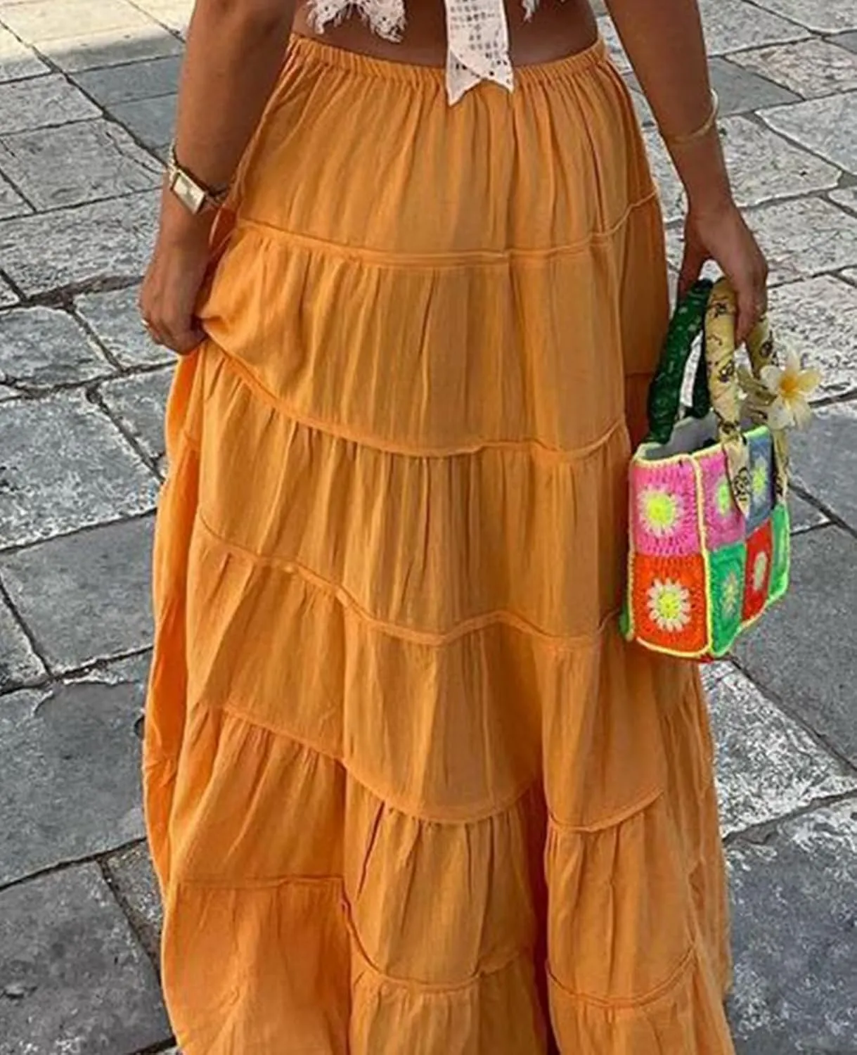 ThCreasa Womens Casual Tiered Maxi Skirt Elastic Waist Solid A Line Pleated Summer Flowy Long Skirts