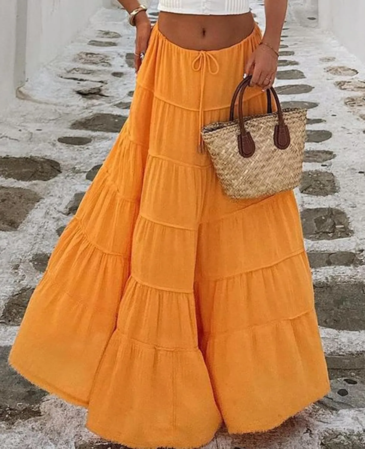 ThCreasa Womens Casual Tiered Maxi Skirt Elastic Waist Solid A Line Pleated Summer Flowy Long Skirts