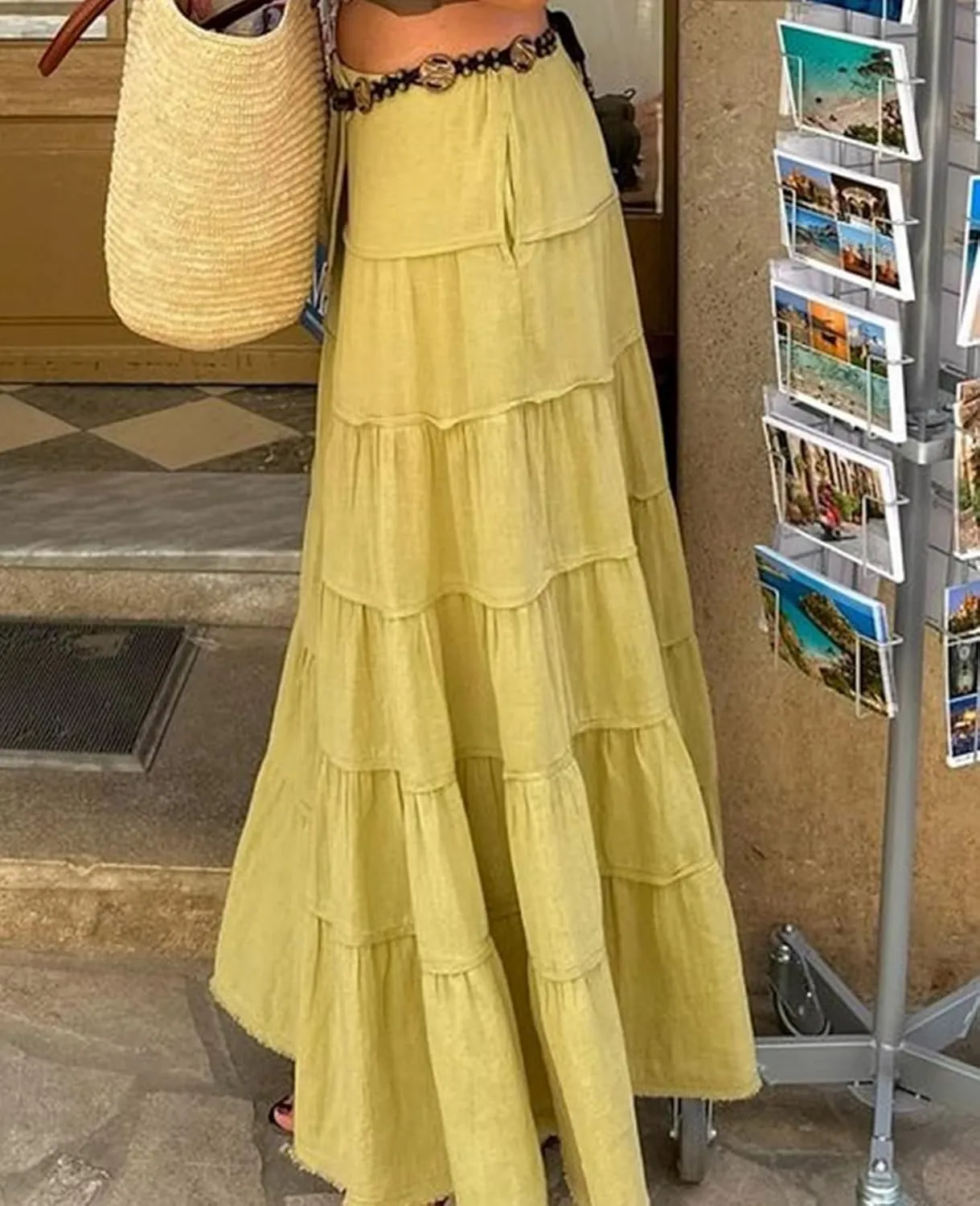 ThCreasa Womens Casual Tiered Maxi Skirt Elastic Waist Solid A Line Pleated Summer Flowy Long Skirts