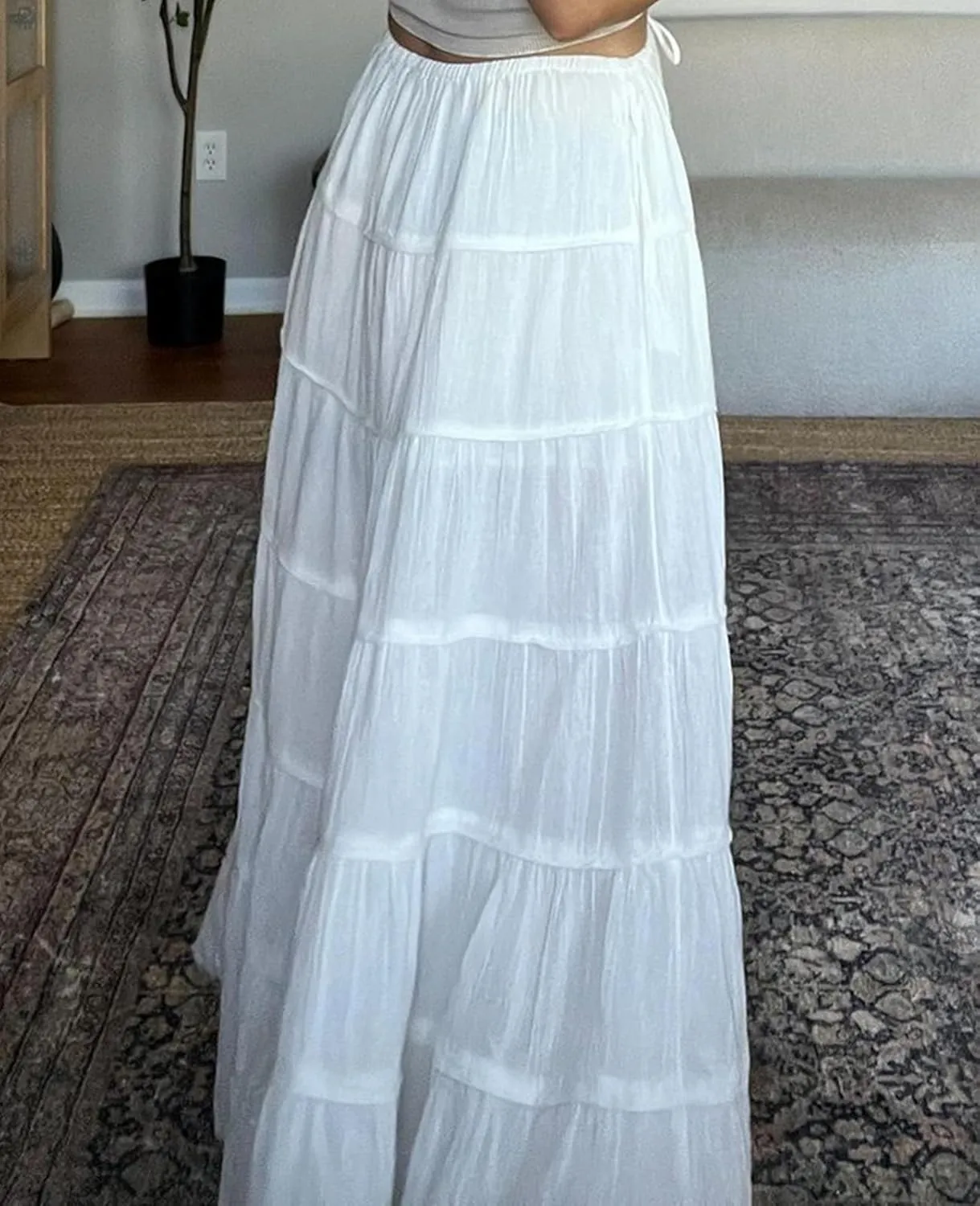 ThCreasa Womens Casual Tiered Maxi Skirt Elastic Waist Solid A Line Pleated Summer Flowy Long Skirts