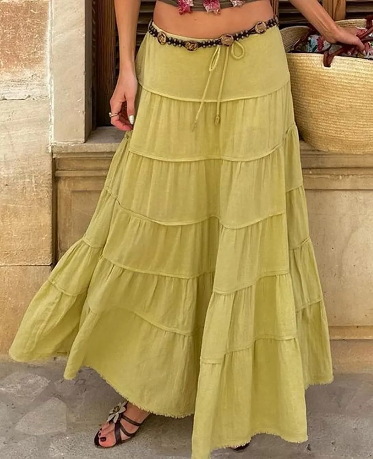 ThCreasa Womens Casual Tiered Maxi Skirt Elastic Waist Solid A Line Pleated Summer Flowy Long Skirts