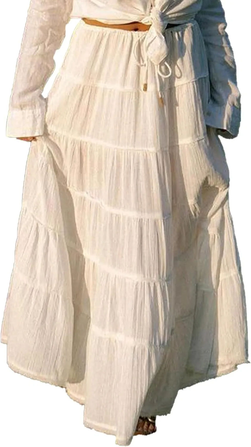 ThCreasa Womens Casual Tiered Maxi Skirt Elastic Waist Solid A Line Pleated Summer Flowy Long Skirts