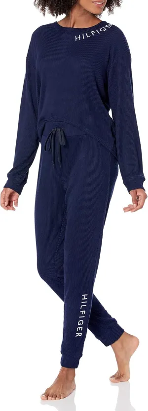 Tommy Hilfiger Women's Rib Logo Neck Pullover Top and Cuffed Bottom Pajama Set Pj