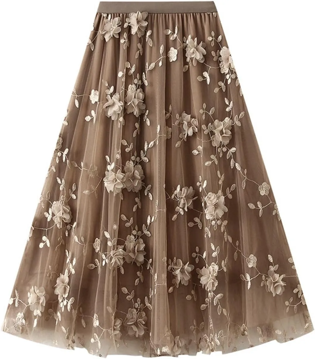 Tulle Skirts for Women 3D Floral Midi High Waist Skirt Cute Pleated A Line Layered Fairy Skirts 2025 Party Skirt