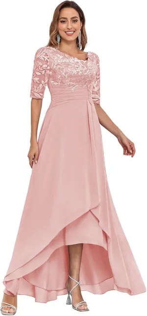V-Neck Lace Mother of The Bride Dresses for Wedding Tea Length Half Sleeve Long Chiffon Formal Evening Gown