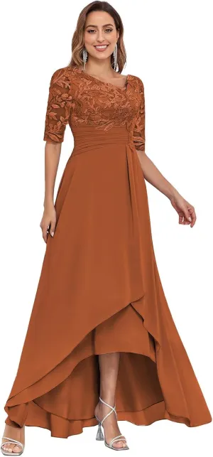 V-Neck Lace Mother of The Bride Dresses for Wedding Tea Length Half Sleeve Long Chiffon Formal Evening Gown