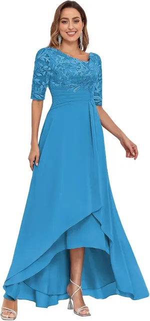 V-Neck Lace Mother of The Bride Dresses for Wedding Tea Length Half Sleeve Long Chiffon Formal Evening Gown