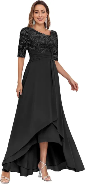 V-Neck Lace Mother of The Bride Dresses for Wedding Tea Length Half Sleeve Long Chiffon Formal Evening Gown