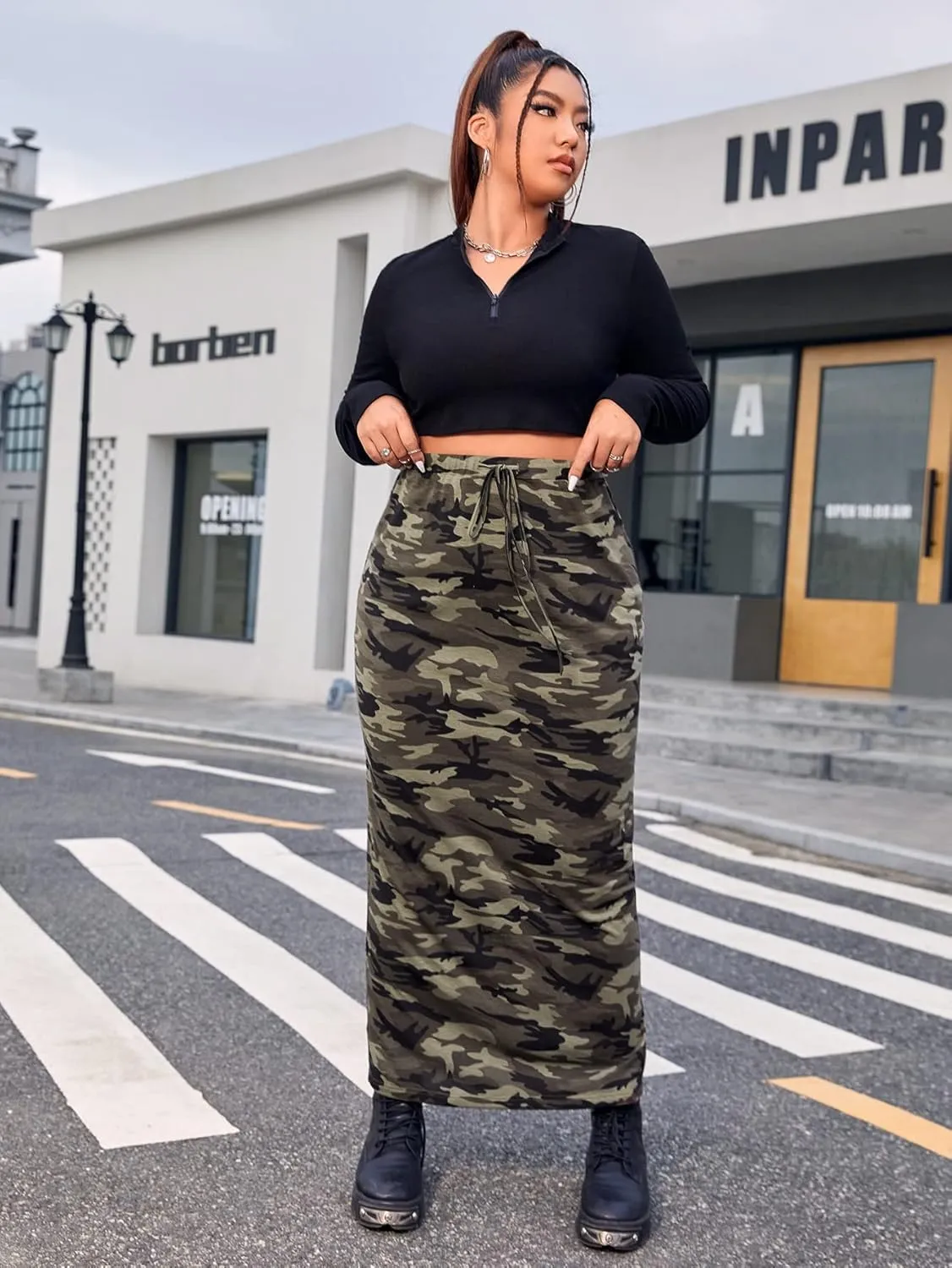 Verdusa Women's Plus Size Casual Drawstring High Waist Camo Print Bodycon Long Skirt