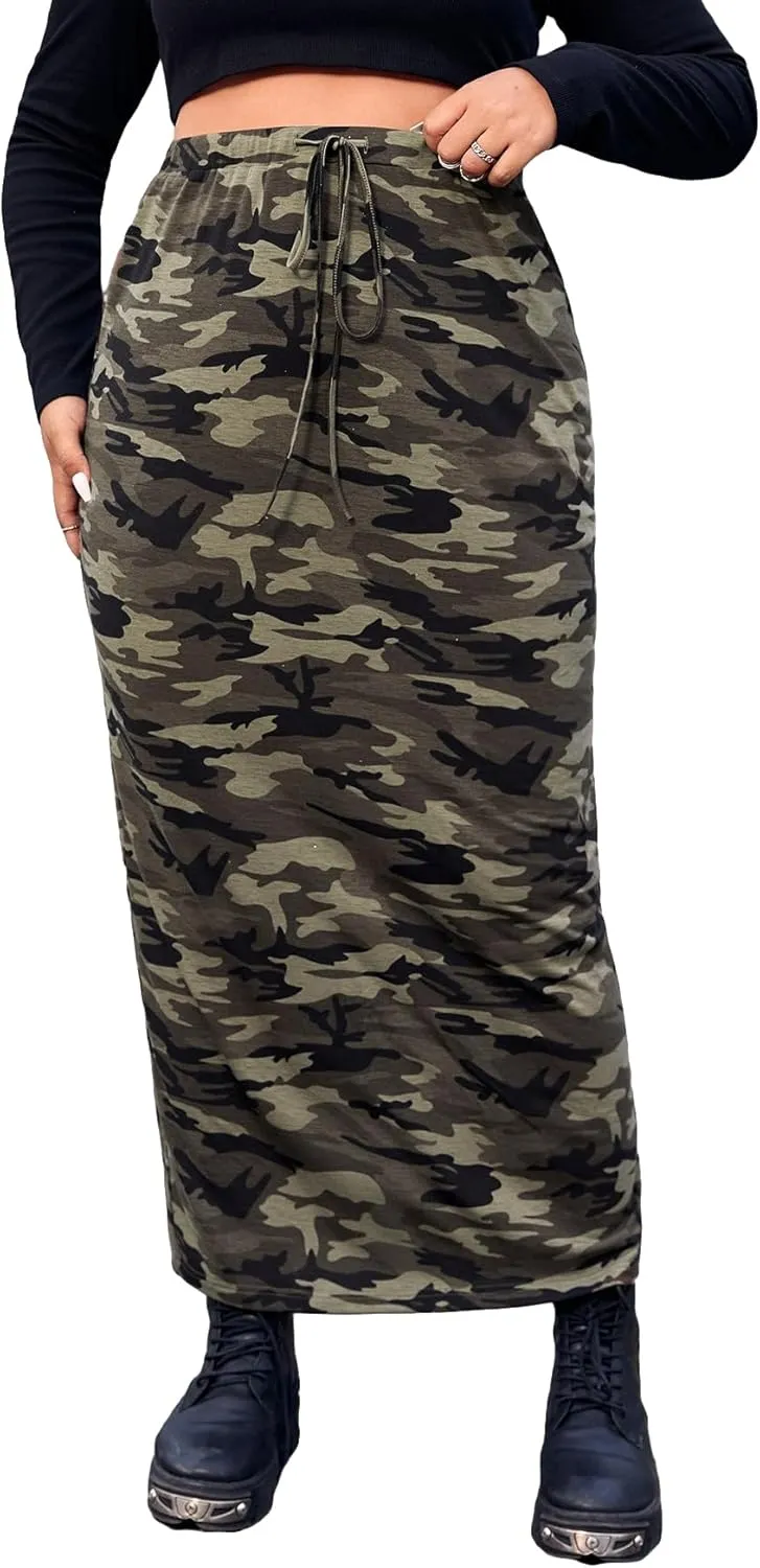 Verdusa Women's Plus Size Casual Drawstring High Waist Camo Print Bodycon Long Skirt