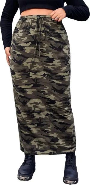 Verdusa Women's Plus Size Casual Drawstring High Waist Camo Print Bodycon Long Skirt