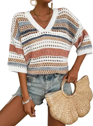 Verdusa Women's Short Sleeve Drop Shoulder Striped Sweater Top Hollow Out V Neck Summer Shirt