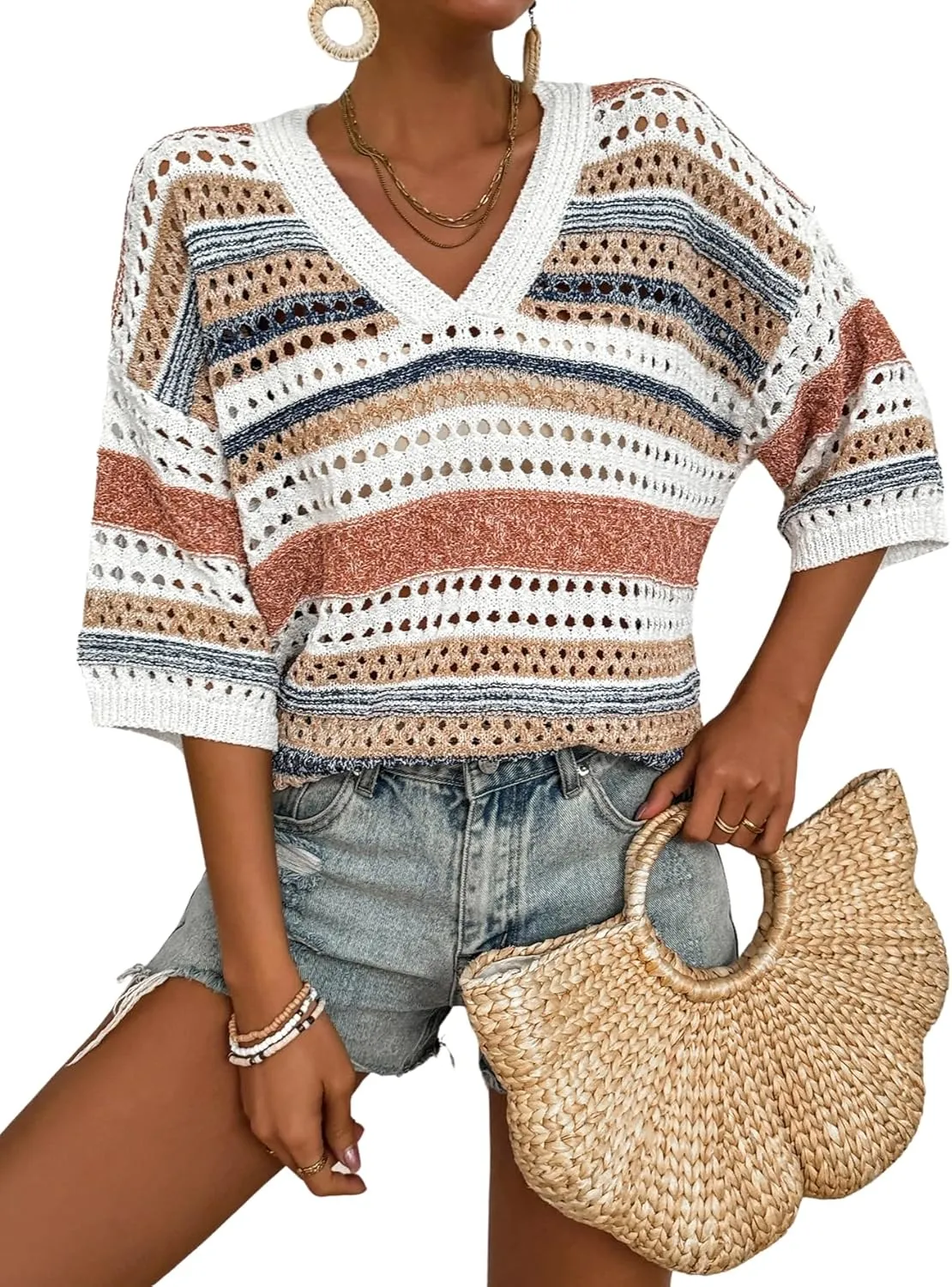 Verdusa Women's Short Sleeve Drop Shoulder Striped Sweater Top Hollow Out V Neck Summer Shirt