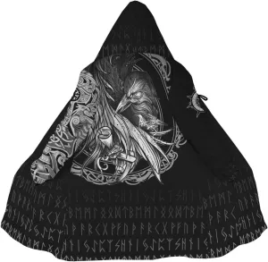 Viking Raven,L, Odin Raven Men Viking Hooded Coat, Nordic Faux Cashmere Cloak 3D Printed Overcoat Winter Mid-Length Parka Jacket