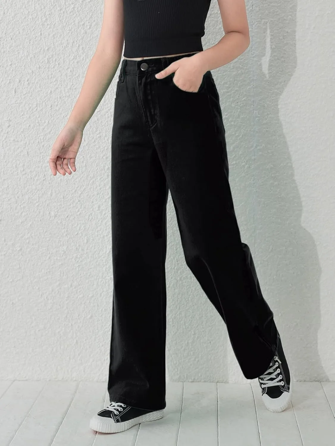 WDIRARA Girl's Butterfly Print Elastic Waist Wide Leg Ripped Jeans Denim Pants