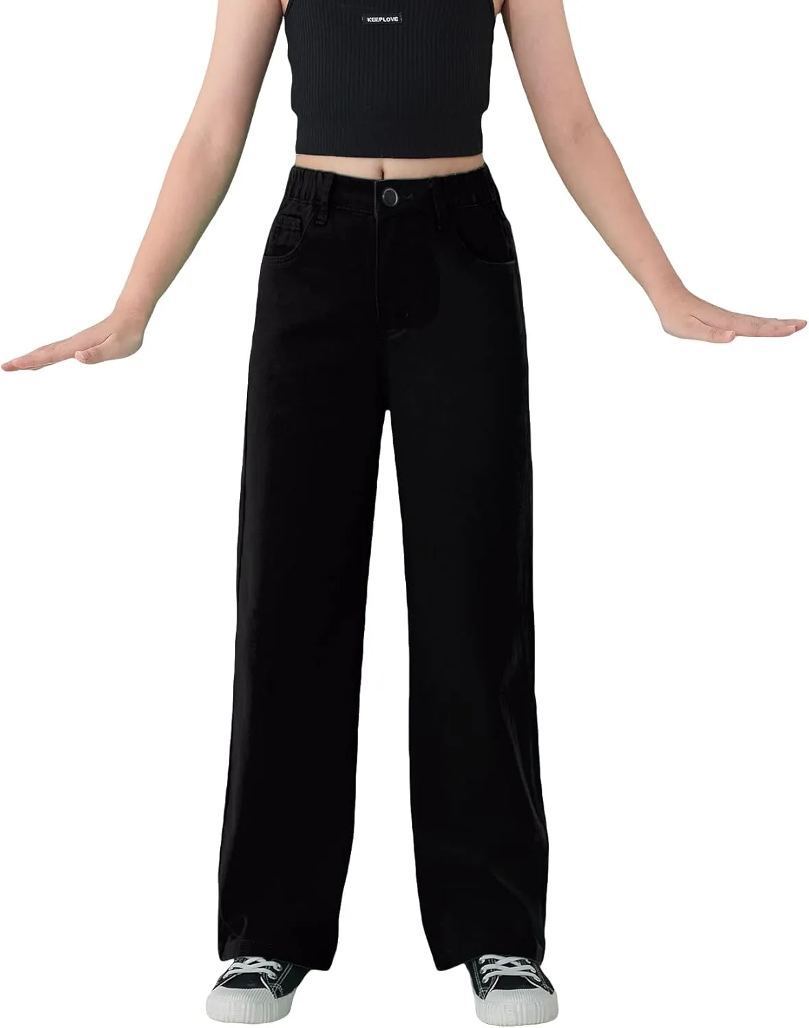 WDIRARA Girl's Butterfly Print Elastic Waist Wide Leg Ripped Jeans Denim Pants