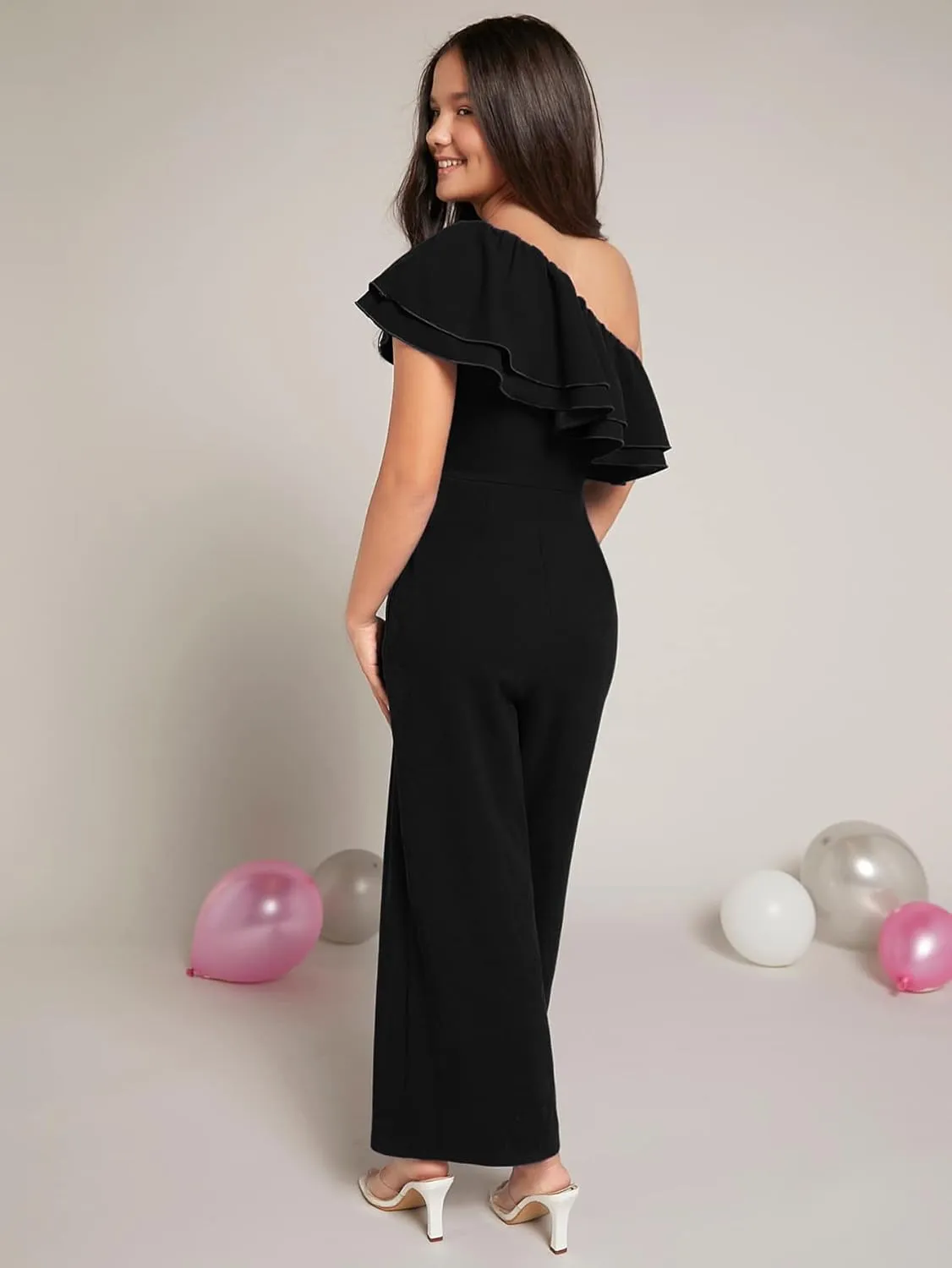 WDIRARA Girl's One Shoulder Layered Ruffle Trim Sleeveless Jumpsuit Pants with Pockets