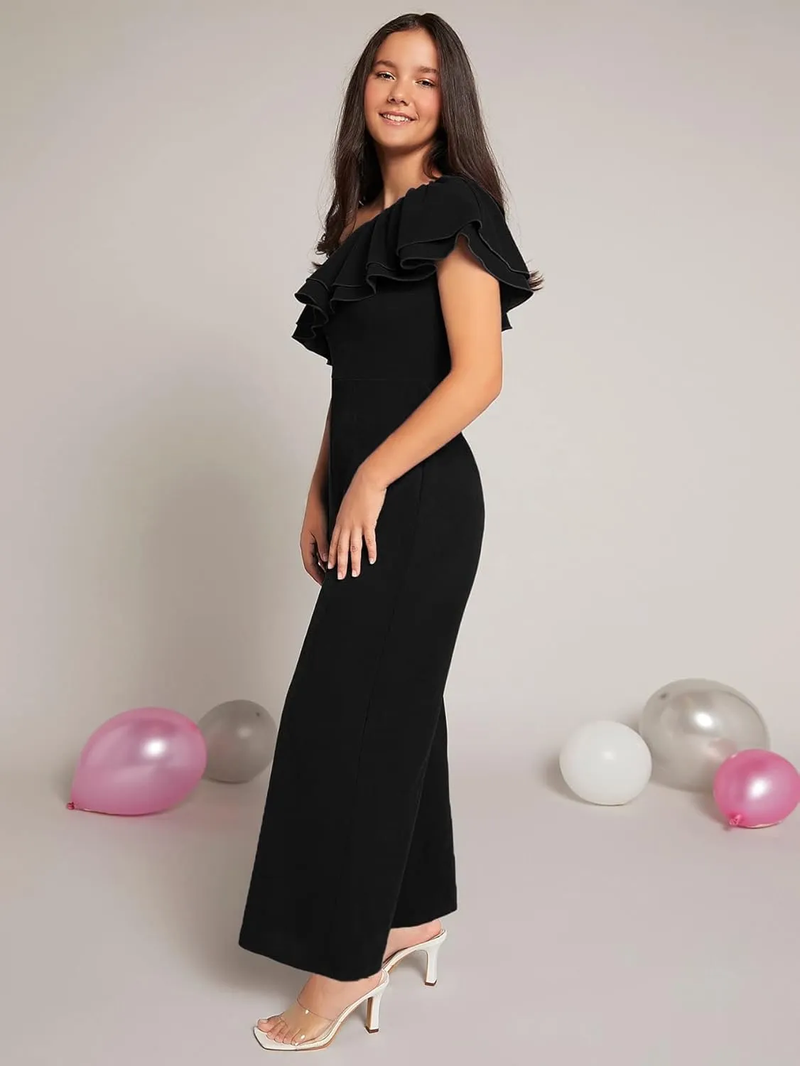 WDIRARA Girl's One Shoulder Layered Ruffle Trim Sleeveless Jumpsuit Pants with Pockets