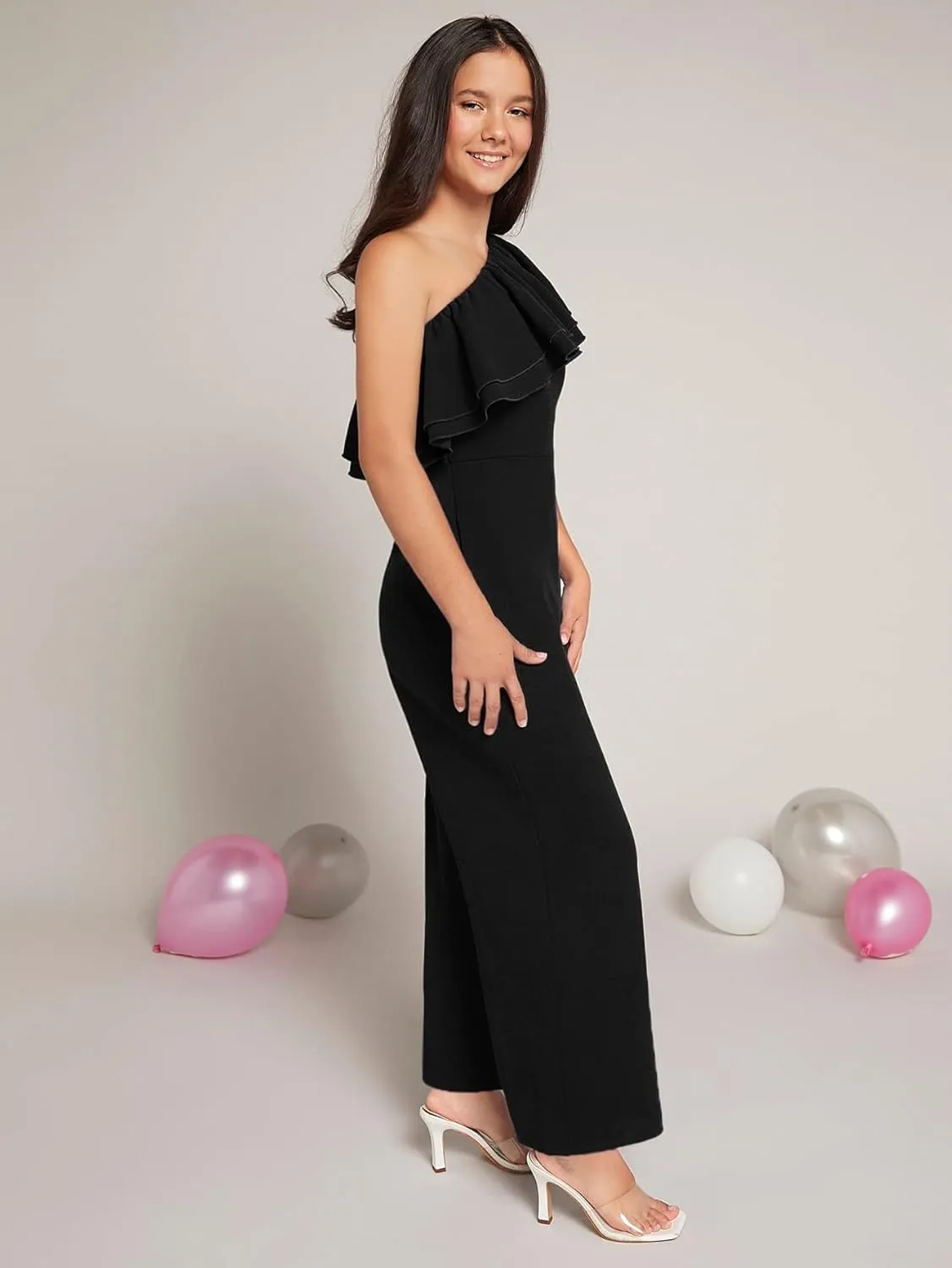 WDIRARA Girl's One Shoulder Layered Ruffle Trim Sleeveless Jumpsuit Pants with Pockets