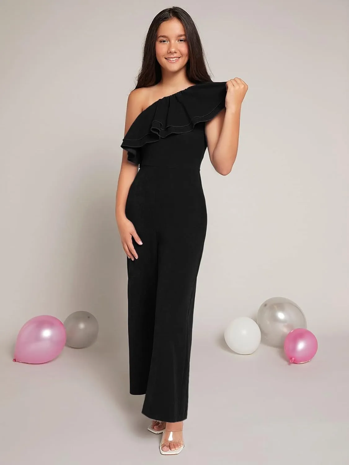 WDIRARA Girl's One Shoulder Layered Ruffle Trim Sleeveless Jumpsuit Pants with Pockets