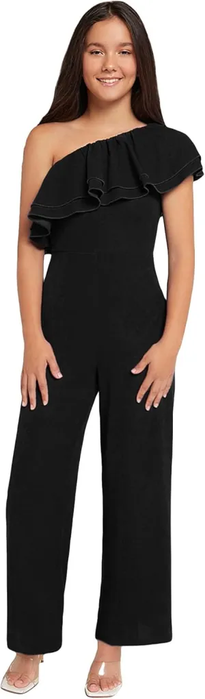 WDIRARA Girl's One Shoulder Layered Ruffle Trim Sleeveless Jumpsuit Pants with Pockets