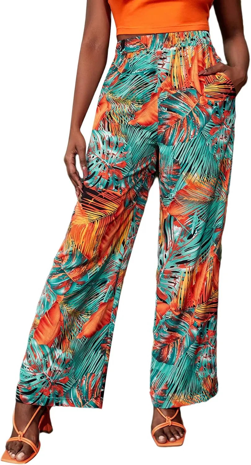 WDIRARA Women's Tropical Print High Elastic Waisted Wide Leg Loose Pants Trousers