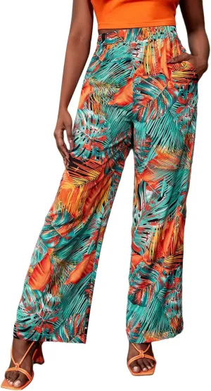 WDIRARA Women's Tropical Print High Elastic Waisted Wide Leg Loose Pants Trousers