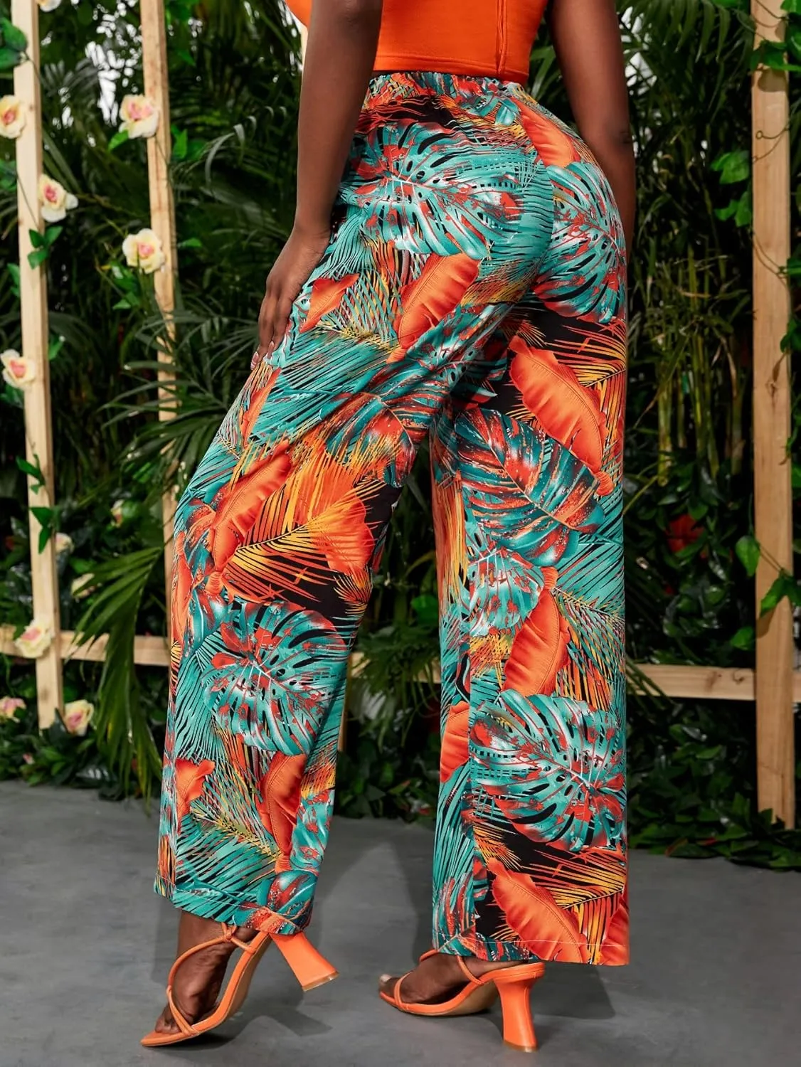WDIRARA Women's Tropical Print High Elastic Waisted Wide Leg Loose Pants Trousers
