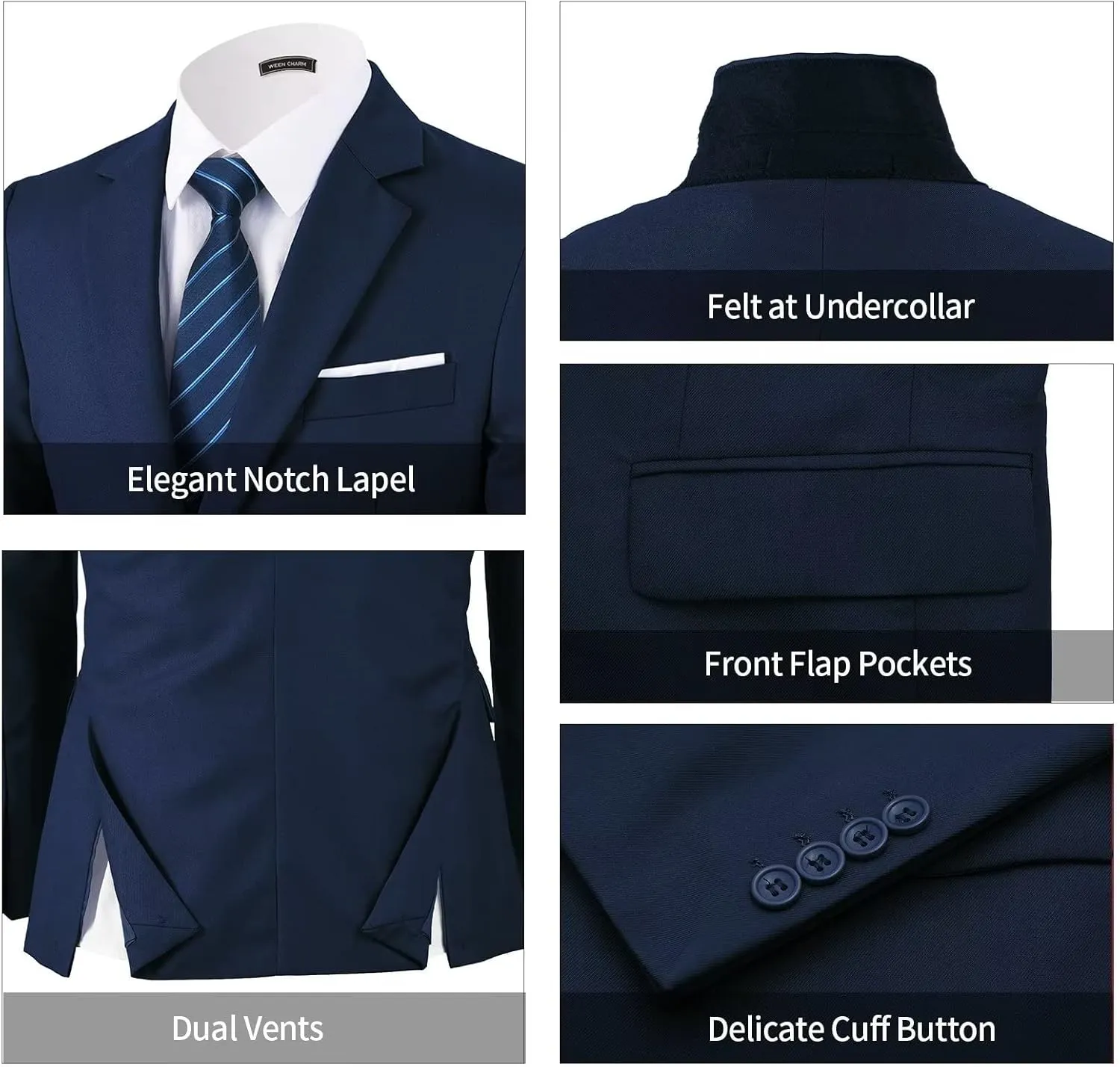 WEEN CHARM Men's 3-Piece Slim Fit Suit Set-2-Button Blazer,Vest & Pants-Formal Wedding,Prom,Party & Business Tuxedo