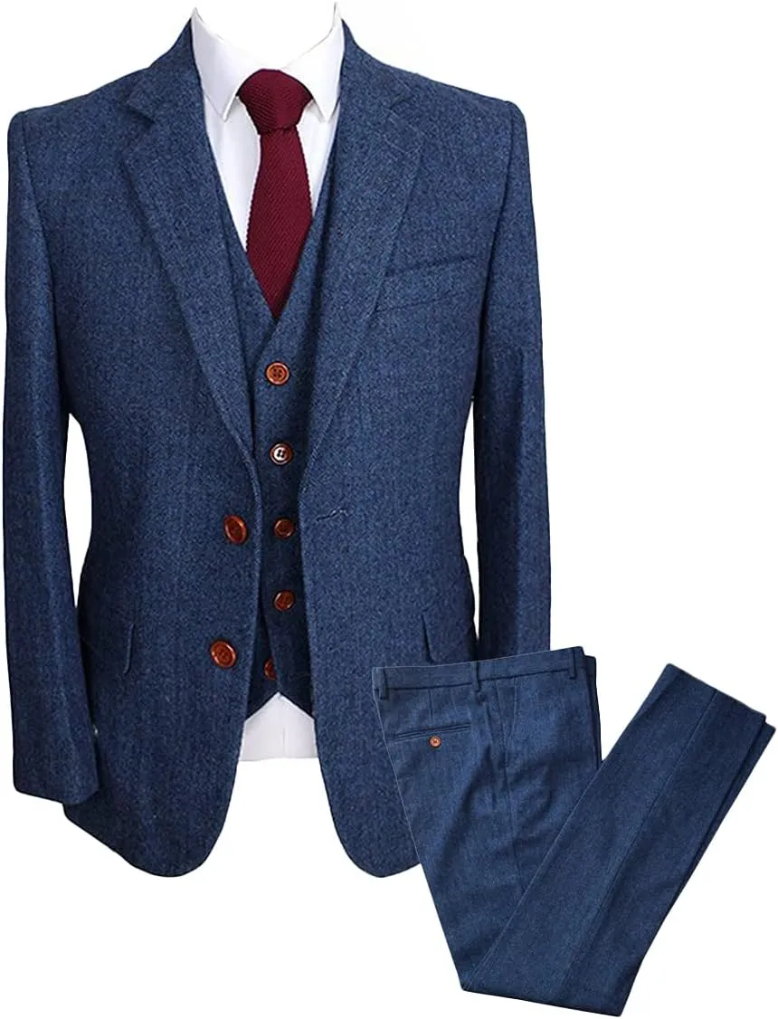 Wemaliyzd Mens Vintage 3 Piece Checkered Plaid Suit Tweed Blazer Vest Pants