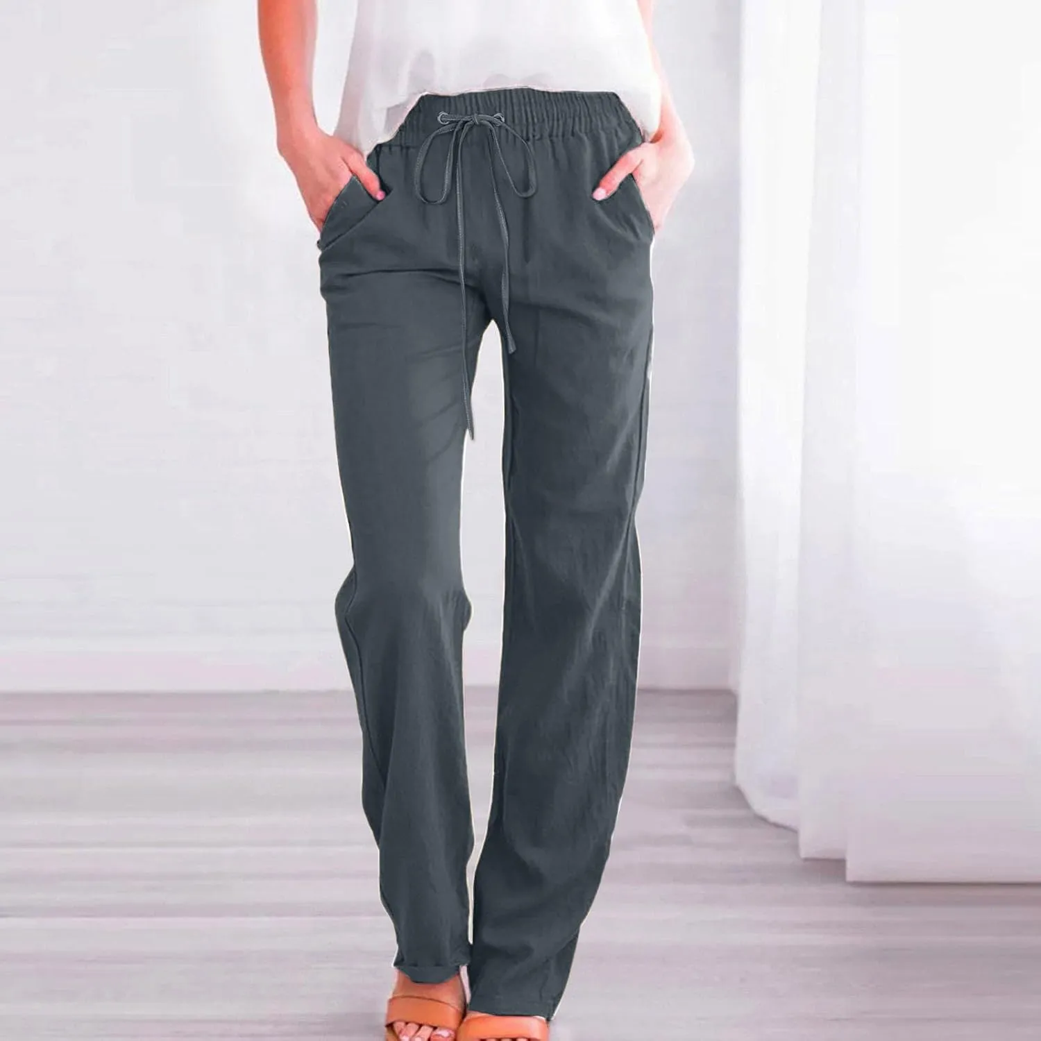Wide Leg Pants Woman Elastic Waist Trousers Lightweight Linen Blend Casual Lounge Wear High Waist Design