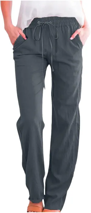 Wide Leg Pants Woman Elastic Waist Trousers Lightweight Linen Blend Casual Lounge Wear High Waist Design