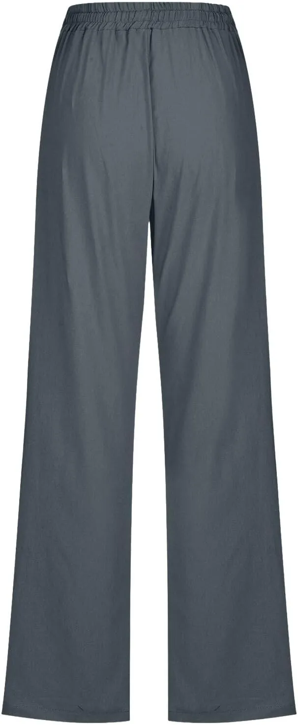 Wide Leg Pants Woman Elastic Waist Trousers Lightweight Linen Blend Casual Lounge Wear High Waist Design