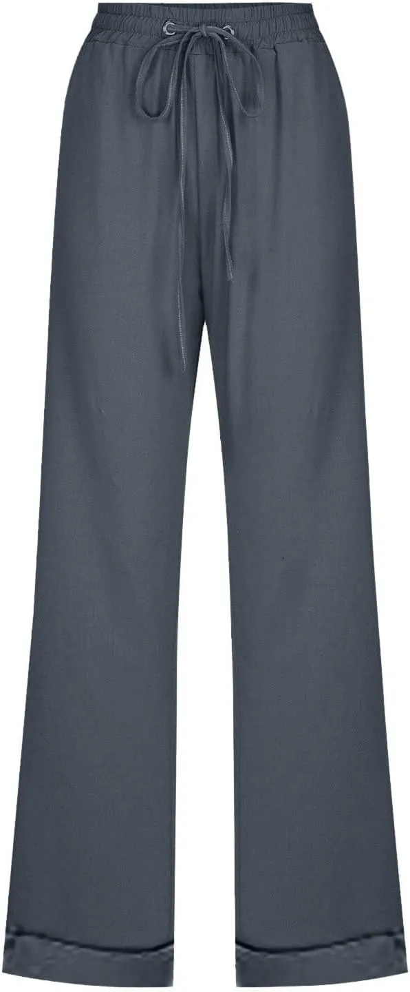 Wide Leg Pants Woman Elastic Waist Trousers Lightweight Linen Blend Casual Lounge Wear High Waist Design