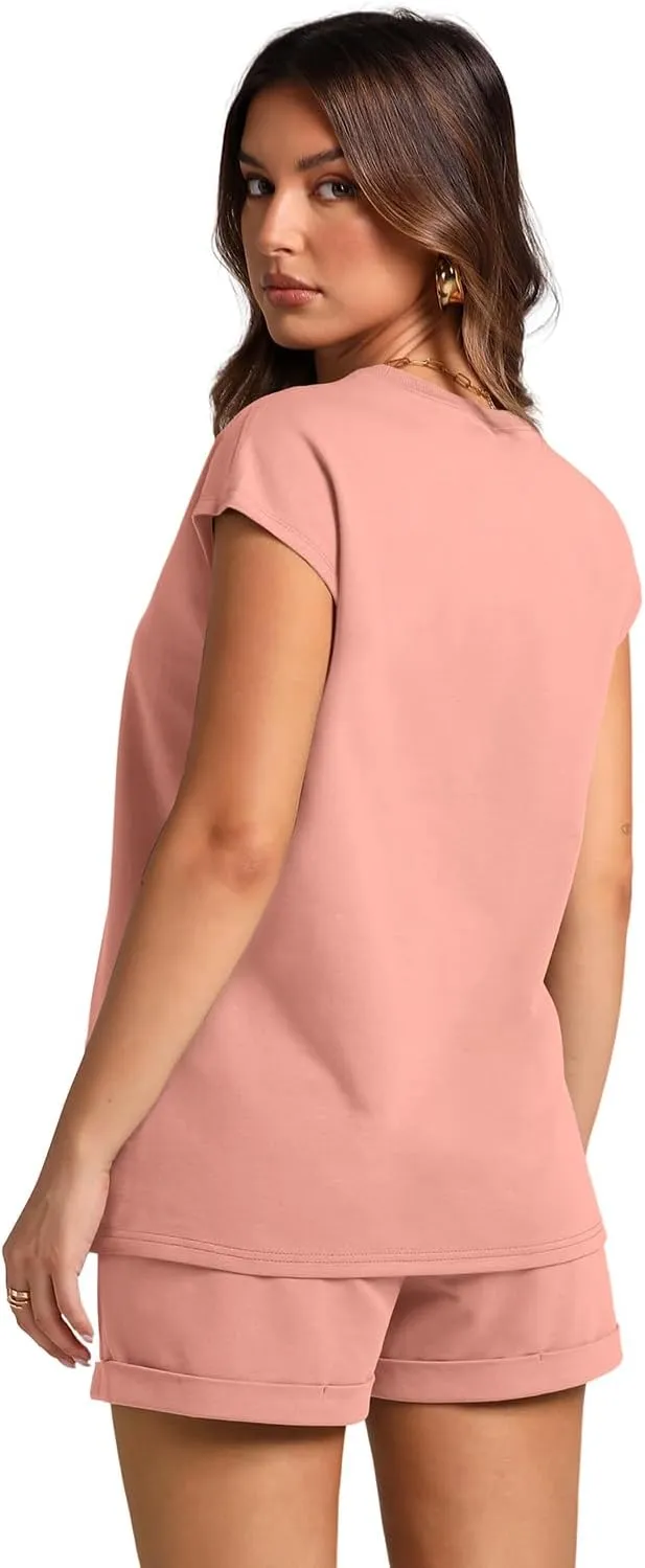 WIHOLL 2 Piece Sets for Women Casual Summer Travel Vacation Outfits Cap Sleeve Shorts Lounge Set