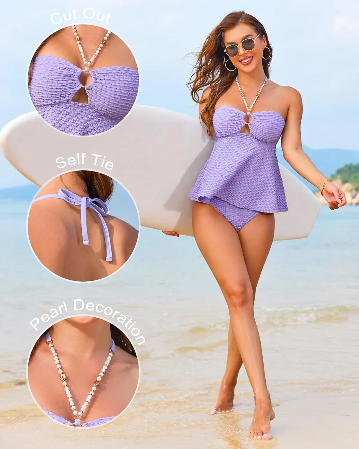 Women Bandeau Swimsuit Two Piece - Tummy Control Bathing Suit Full Coverage High Waisted Bikini Sets Halter Teens