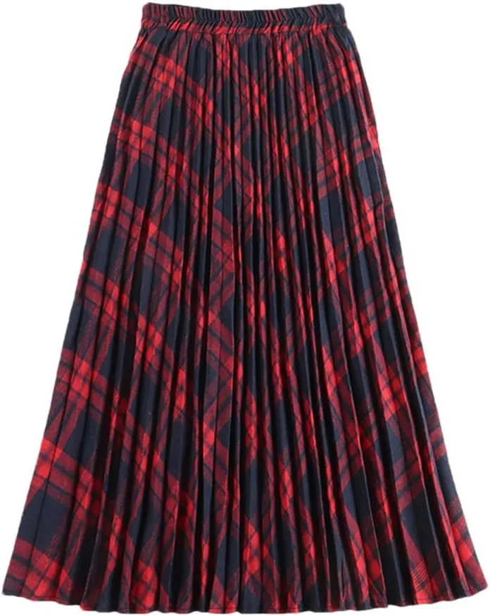Women Cotton Plaid Skirt Elastic Waist Christmas Midi Long Pleated Skirts