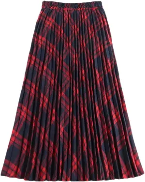 Women Cotton Plaid Skirt Elastic Waist Christmas Midi Long Pleated Skirts