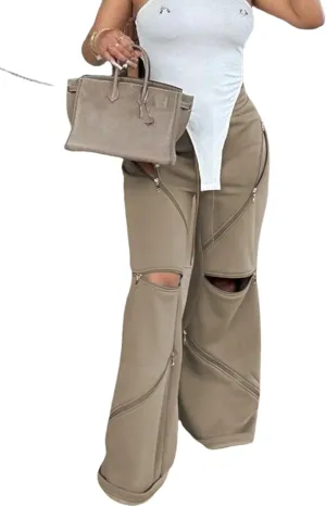 Women Flare Wide Leg Sweatpants Baggy High Waisted Cargo Sweatpants Y2k Loose Casual Pants with Multi Zipper