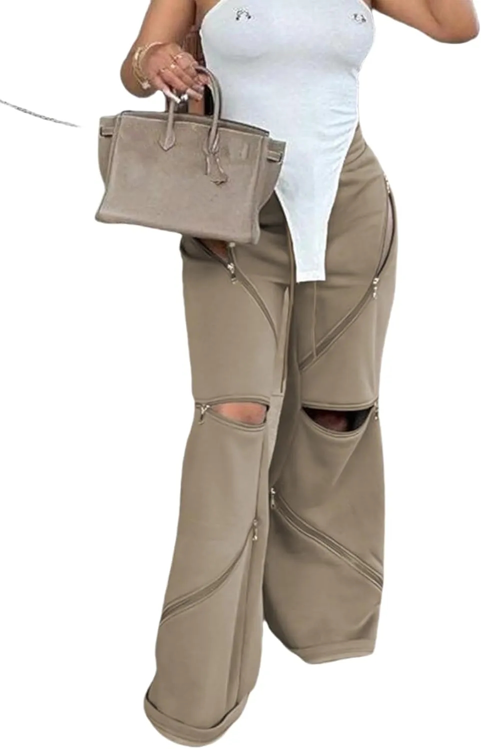 Women Flare Wide Leg Sweatpants Baggy High Waisted Cargo Sweatpants Y2k Loose Casual Pants with Multi Zipper