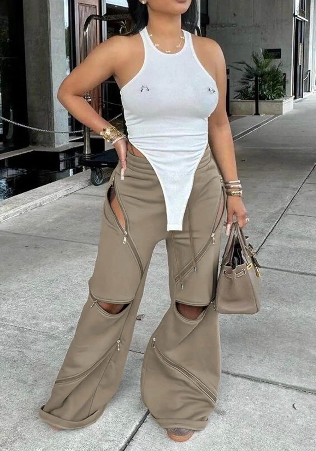 Women Flare Wide Leg Sweatpants Baggy High Waisted Cargo Sweatpants Y2k Loose Casual Pants with Multi Zipper