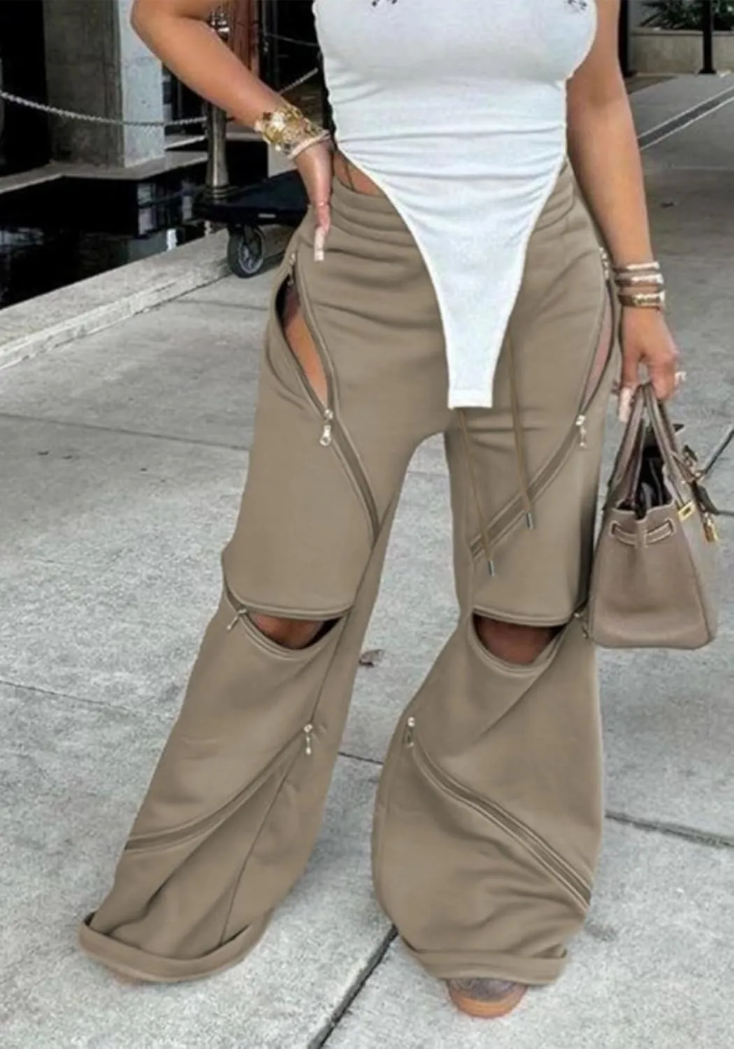 Women Flare Wide Leg Sweatpants Baggy High Waisted Cargo Sweatpants Y2k Loose Casual Pants with Multi Zipper